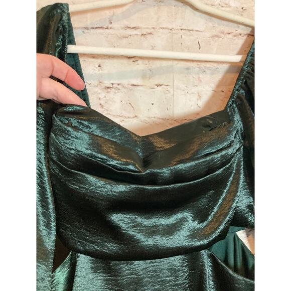 She + Sky Milkmaid Dress Womens Medium Forest Green Satin Dark Romantic Cutout - Picture 6 of 16